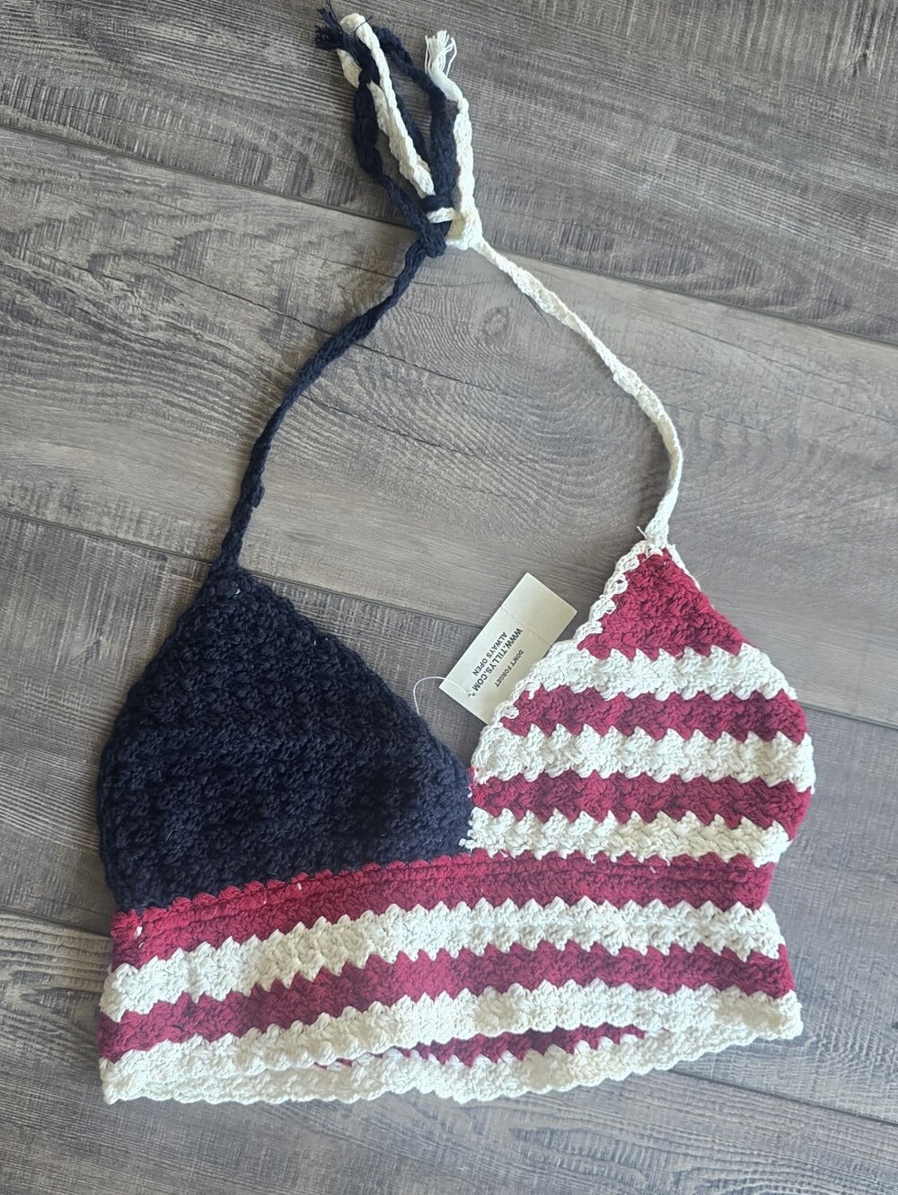 Crochet Bralette - Navy, Cream & Burgundy Stripes